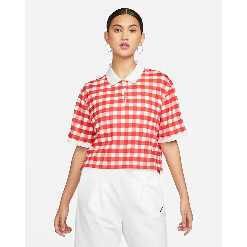 The Nike Polo Women's Red White Plaid Loose Fit Cropped Polo Shirt, Size S